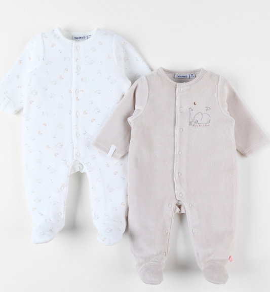 Noukie’s Set van 2 Pyjama’s Velours Beige+ vogelmotief