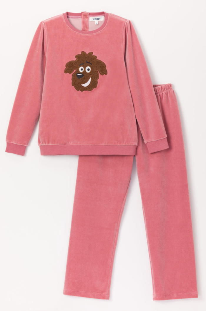 Woody Pyjama Velours effen roze labradoodle